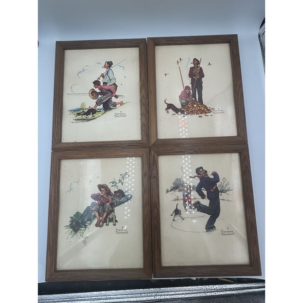 Vtg Norman Rockwell Framed Canvas Prints Set of 4 American Season Wall Art 10x12